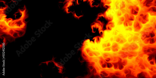 Fire flames on a dark background. Fiery lava abstract texture patterns and intense red-orange glow illuminating the dark background.