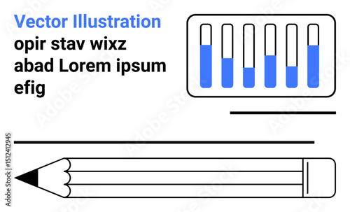 Pencil and horizontal lines, bar graph with blue markers, and placeholder text for design layouts. Ideal for education, design, creativity, writing, analytics, data visualization simple landing page