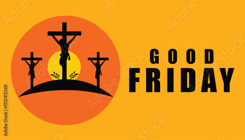 Celebrate Good Friday with this evocative design featuring three crosses silhouetted against a vibrant sunset.  Perfect for religious cards or social media.