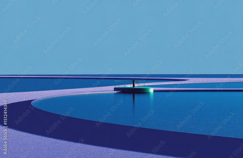 Obraz premium Expansive blue landscape featuring a lone structure surrounded by smooth water and vibrant colors at sunset