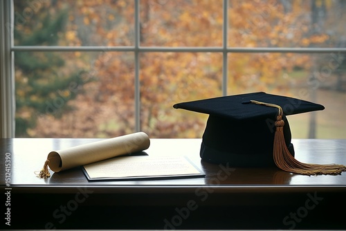 Graduation cap diploma autumn window view