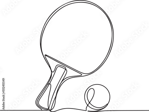 Table tennis paddle and ball in one line art style, minimalist black outline vector illustration of modern sport equipment

