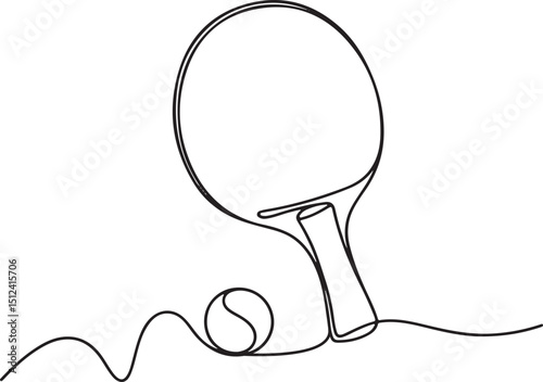 Table tennis paddle and ball in one line art style, minimalist black outline vector illustration of modern sport equipment

