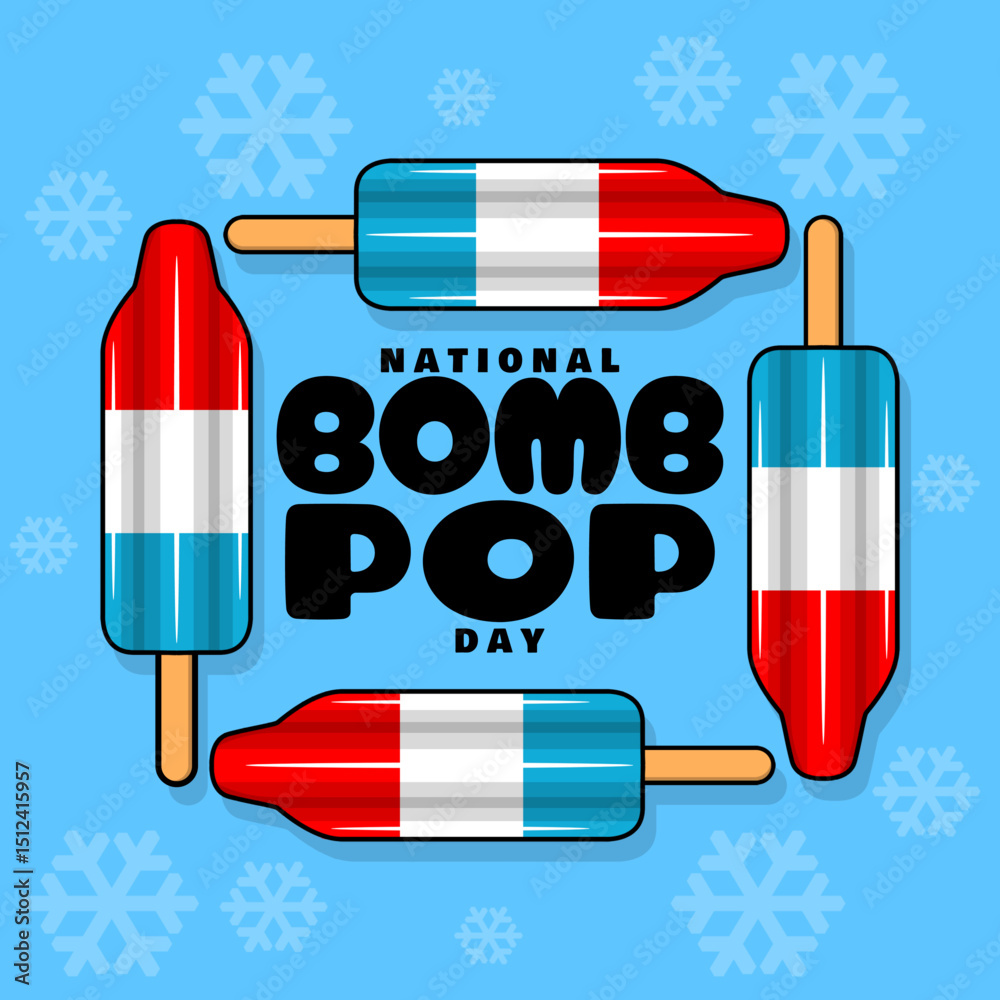 National Bomb Pop Day to celebrate last Thursday of June. Three-color rocket-shaped ice cream with bold text on sky blue background. Dessert event banner.