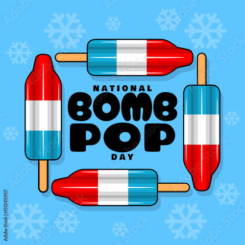 National Bomb Pop Day to celebrate last Thursday of June. Three-color rocket-shaped ice cream with bold text on sky blue background. Dessert event banner.