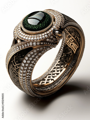 Jewellery design: precious golden bracelet  decorated with small diamonds and a big green gemstone with elaborated design, 3d rendering