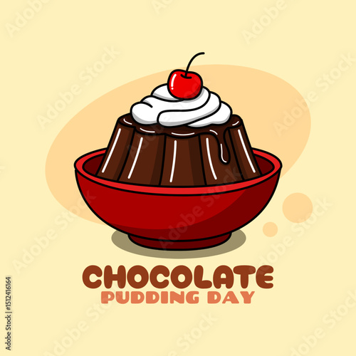National Chocolate Pudding Day to celebrate on June 26th. A bowl of chocolate pudding topped with cream and cherries on bright yellow background. Dessert event banner.
