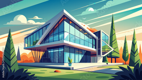 A sleek modern building with sharp lines, large glass windows, and minimal design elements. The structure reflects sunlight, standing among trees, showcasing futuristic style and sustainable architect