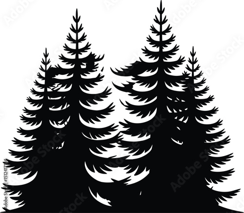 Christmas tree and fir tree silhouettes in a winter forest holiday scene vector illustration