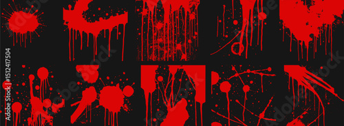 Crimson Splatter Collection: A bold graphic design featuring a variety of red paint splatters and drips on a black background, perfect for adding a dramatic effect.
