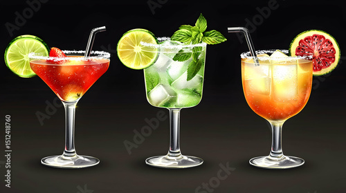 Three Realistic Cocktails Illustration Set