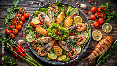 Wallpaper Mural Grilled Shrimp Platter with Greens and Citrus on Rustic Table Torontodigital.ca