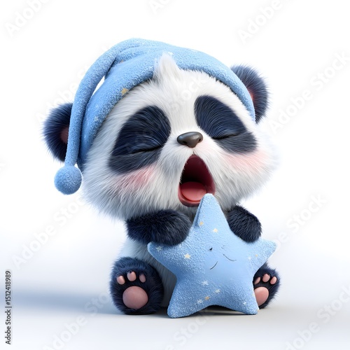 3D cartoon of a sleepy baby panda wearing a tiny blue nightcap