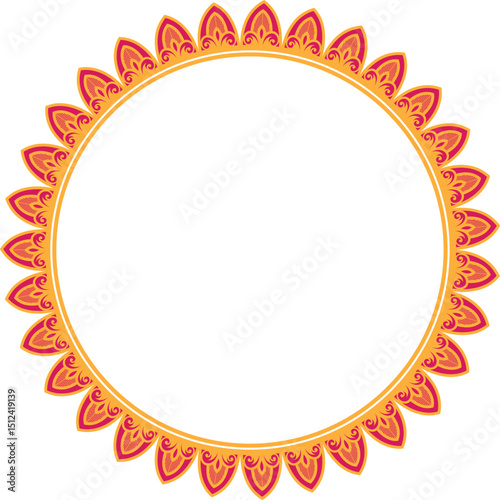 Decorative Mandala Frame 5 with Floral Petal Border, Circular mandala frame with Pink and yellow floral petal design on white background	