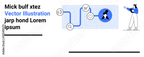 Digital map with pathways linking icons such as magnifying glass, heart, cart, user profile, and messenger. Ideal for marketing, navigation, user connection, e-commerce research teamwork simple