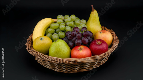 Assorted Fruit In Wicker Basket On Black Background