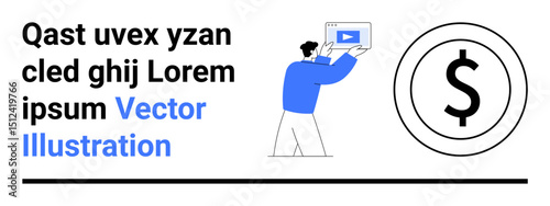 Person holding large play button media window beside dollar sign icon. Ideal for digital marketing, online education, content creation, video monetization, financial strategy, e-commerce, simple