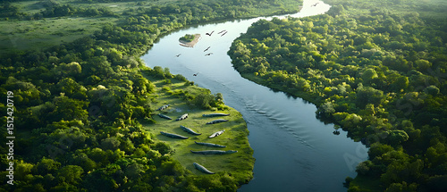 Aerial View Of Lush Green River Winding Through Tropical Forest