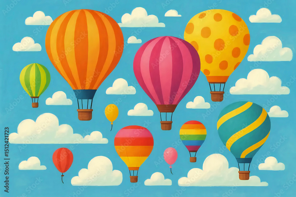 Naklejka premium Whimsical Hot Air Balloons Soaring Through a Vibrant Sky A Colorful Cartoon Illustration