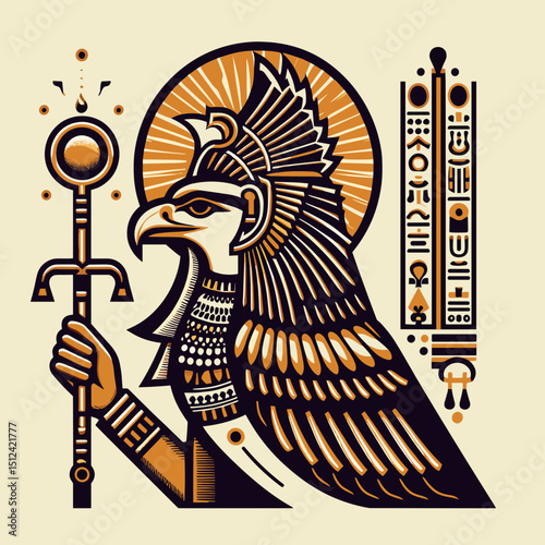 Ancient Egyptian deity illustration featuring a falcon-headed figure with an ankh and rich hieroglyphics