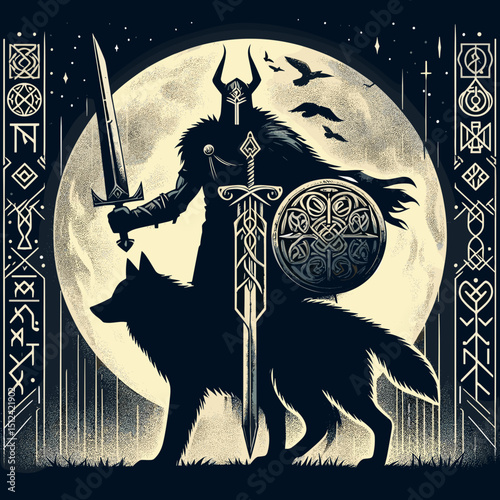 Dark warrior silhouette with a sword and shield alongside a wolf, surrounded by mystical runes and a full moon