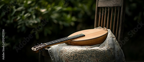 Wooden Banjo Resting On Vintage Chair Outdoors