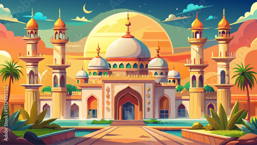 Beautiful Islamic mosque with domes, intricate tilework, arched entrances, and tall minarets. Surrounded by palms and warm sunlight, it expresses peace, culture, and sacred architectural elegance.

