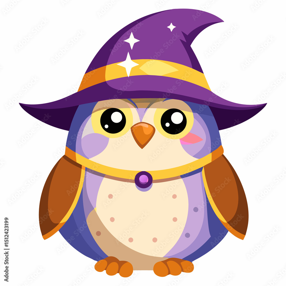 Fototapeta premium Cute cartoon illustration of a happy Halloween witch with an owl and a funny cat character, isolated on white
