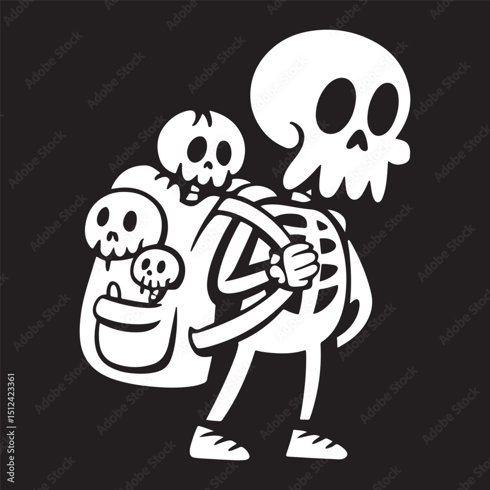 A creepy skeleton walking with a skull bag on its back vector design Illustration. A creepy skeleton walking with a skull bag on its back vector design Illustration.
