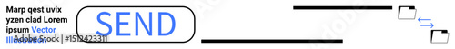 Send button highlighted with directional lines leading to two transferring file icons. Ideal for communication, technology, email actions, file transfer, user interfaces, automation, and simple