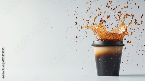 Black Coffee Cup Toppling Over with Dramatic Splash of Liquid and Bright Background