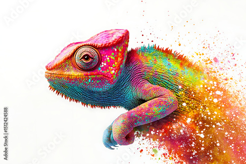Colorful chameleon blending into a vibrant, artistic splash of colors on a white background