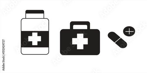 Medicine icon, capsule, in bottle, medicine bag, isolated on white background, vector illustration.