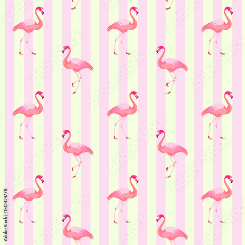 Flamingo on a striped background.Vector seamless pattern with pink flamingos on a striped background.
