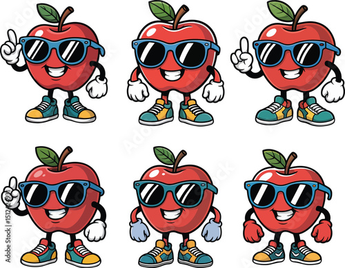 Cool Apple Cartoon Character Vector Set with Sunglasses
