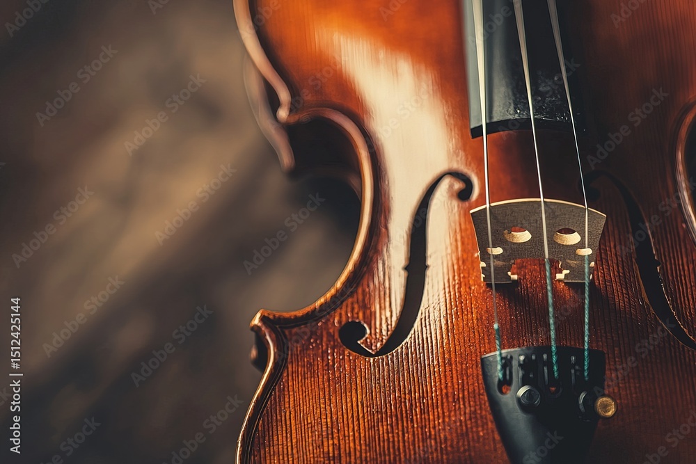 Fototapeta premium Close-up violin with soft lighting highlighting wood grain and strings, set against neutral background. Perfect for classical music concepts, instrument showcases and artistic compositions