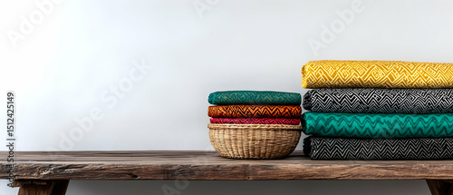 Multicolored Fabric Stacked on Wooden Shelf with Basket
