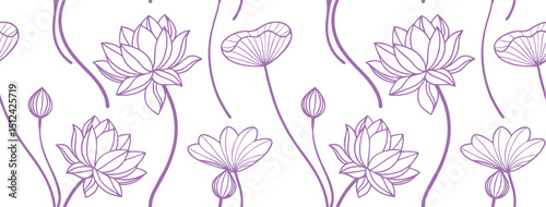 Seamless lotus flower pattern in soft purple line art over a clean white background. Perfect for spa branding, packaging, wallpapers, and textile design. Elegant and calming floral illustration.