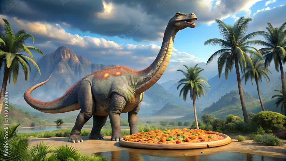 Obraz premium Dinosaur biting into BBQ Chicken Pizza vibrant banner concept for fantasy food brands and kid-focused restaurant ads milkyhexddway pizzas Backgrounds ads