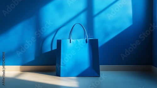 Vivid blue paper shopping bag casting shadows against a matching monochrome backdrop
