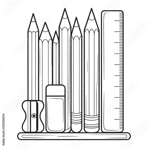 School pencil case with pencils pens ruler and sharpener with eraser Outline vector design element