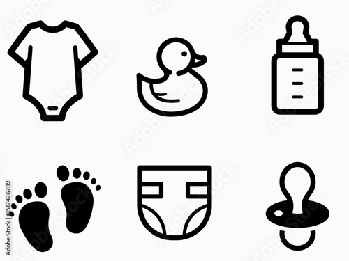 Baby shower hand drawn set. New baby items and icons. Cute doodle illustrations including teddy bear, baby clothes, 
bib, bottle, cloud, bunting banners, diaper, stork. black and white vector 
