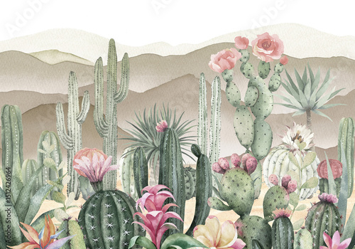 Fototapeta Naklejka Na Ścianę i Meble -  Watercolor Illustration of Cactus with Flowers in Desert Landscape. A delicate watercolor depiction of various vibrant cacti blooming with flowers set against a desert background. idea for wall design