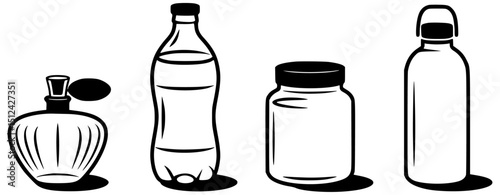 Vector Icon Set of Plastic and Glass Bottles in Outline and Silhouette Style