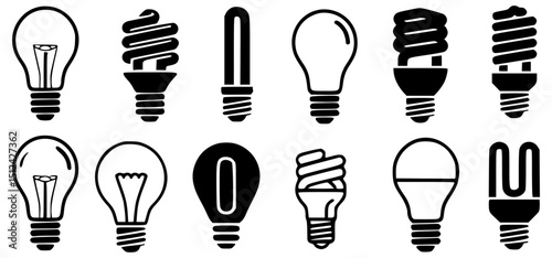 Light Bulb Vector Icon Set Featuring Classic and Modern Energy Efficient Designs