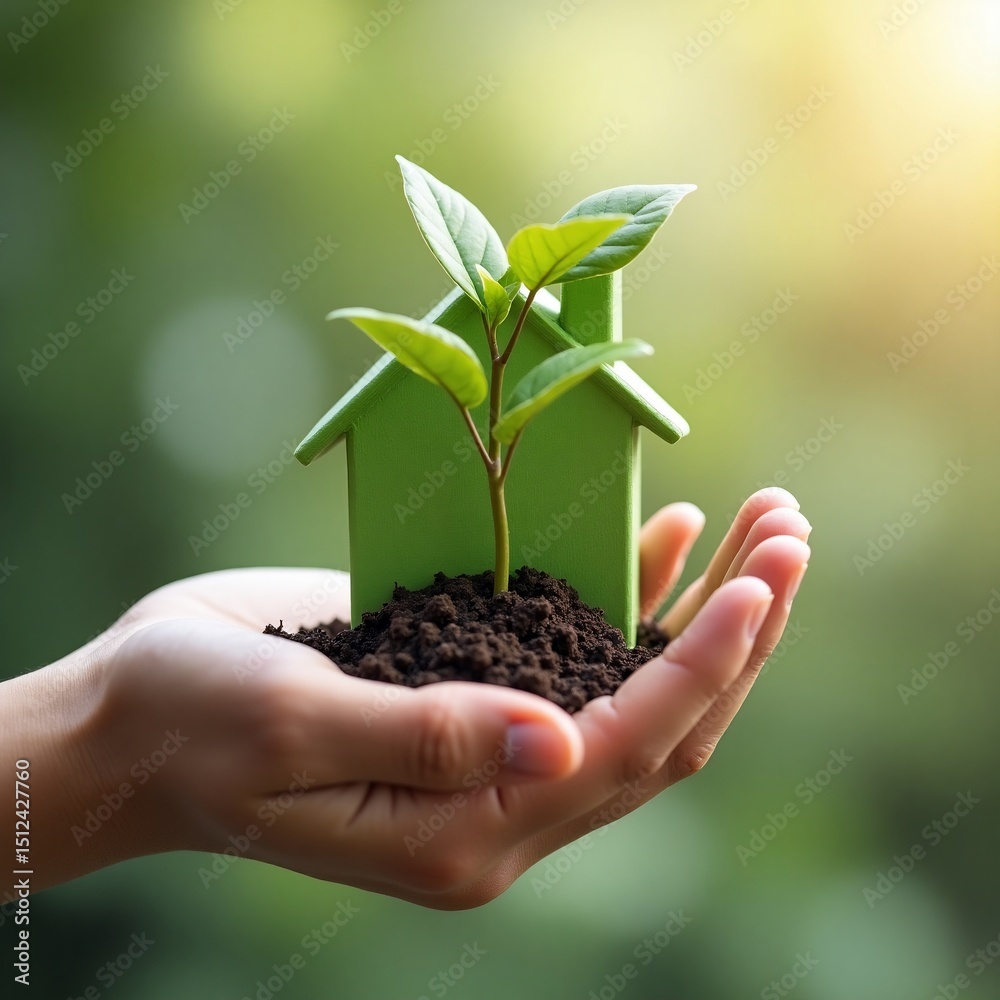 Green home with plant, hand, and growth. Green home with plant, hand, and growth.