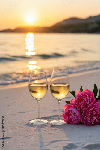 Two glasses of white wine and pink flowers on the beach at sunset for a romantic moment. Summer vacation background for relaxing holiday with tropical coast for banner with copy space.	