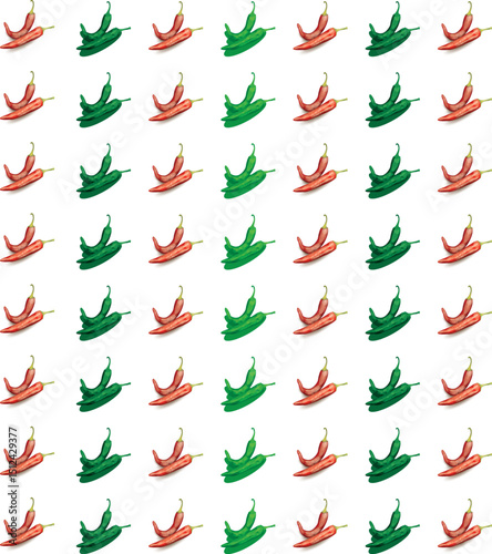 Colorful assortment of various chili peppers on white background