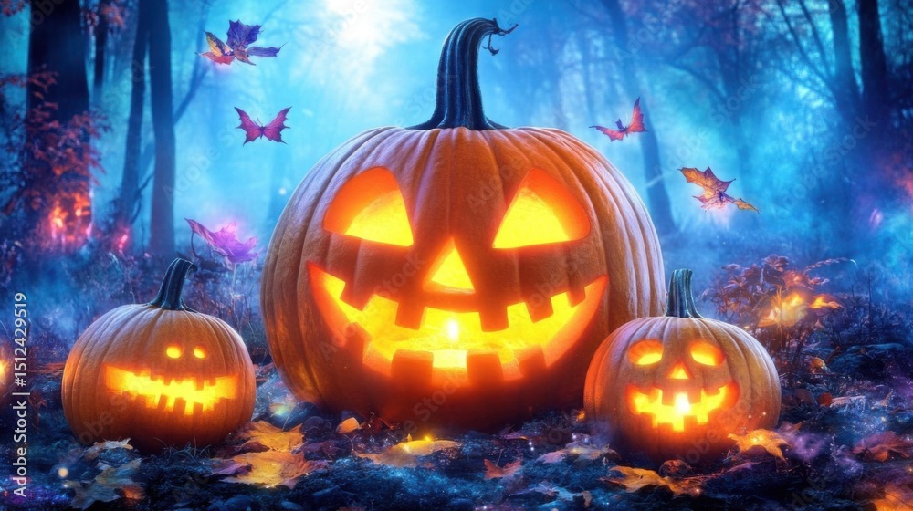 Naklejka premium Spooky Jack-o'-lanterns in Autumn Forest