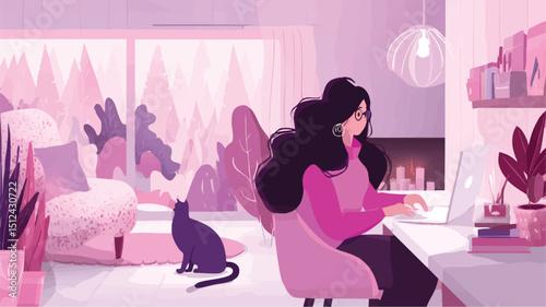 Woman with cat works at desk pinktoned modern interior window view